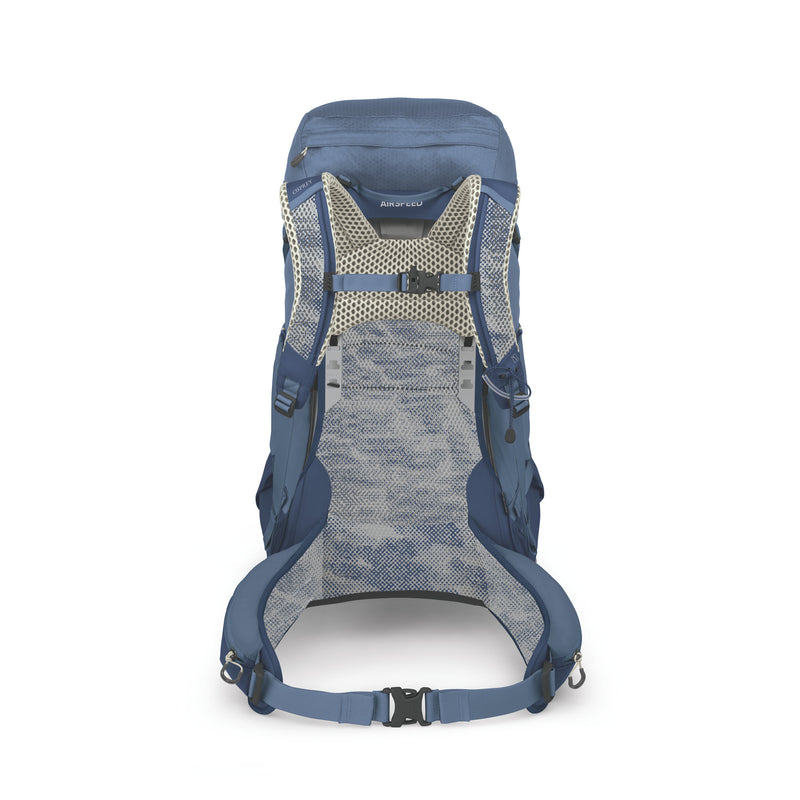 The back view of a blue hiking backpack, showing the breathable mesh back panel, padded shoulder straps, and side compression straps against a white background.