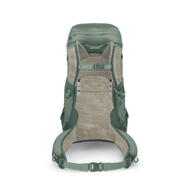 A green and beige hiking backpack shown from the back, featuring a breathable mesh back panel and padded shoulder straps, set against a plain white background.
