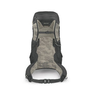 The rear view of a hiking backpack, showing the ventilated mesh back panel, padded shoulder straps, and side compression straps against a white background.
