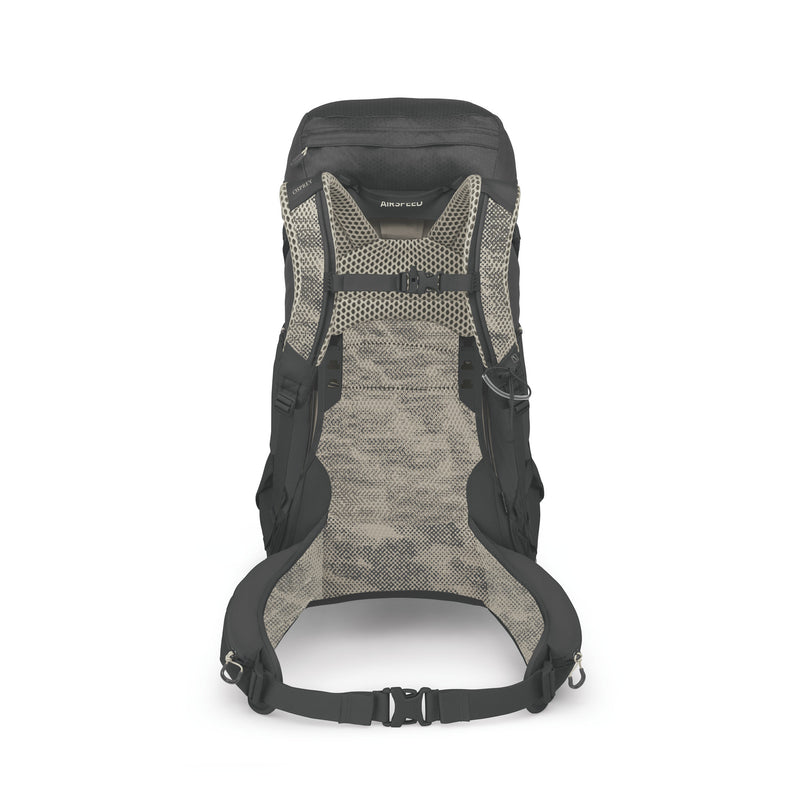 The rear view of a hiking backpack, showing the ventilated mesh back panel, padded shoulder straps, and side compression straps against a white background.