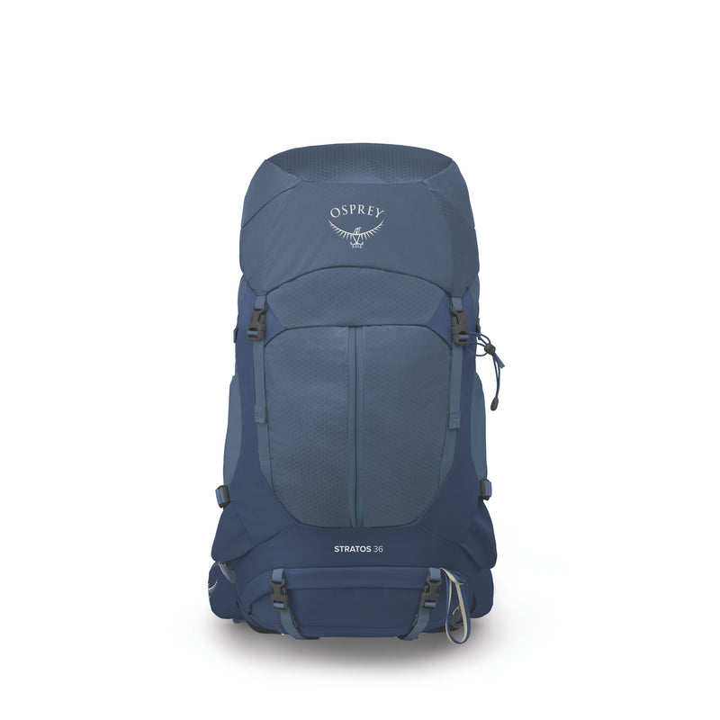 An Osprey Stratos 36 backpack in a muted slate blue color, shown from the front against a clean white background.