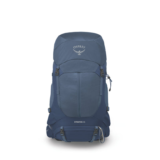 An Osprey Stratos 36 backpack in a muted slate blue color, shown from the front against a clean white background.