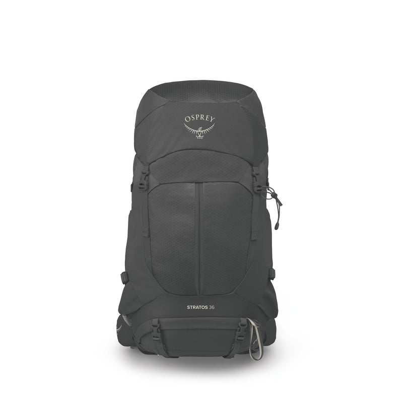 An Osprey Stratos 36 backpack in dark gray, shown from the front against a plain white background.