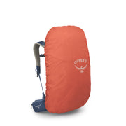 An orange Osprey backpack rain cover with a white Osprey logo, shown on a dark blue backpack against a white background.