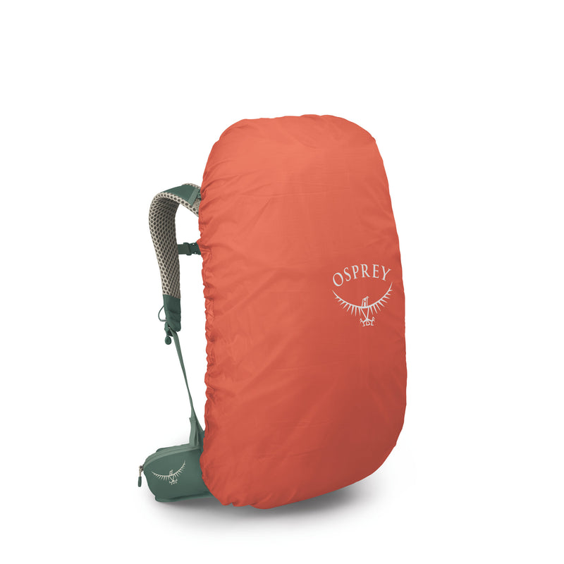 An orange Osprey backpack rain cover with a white Osprey logo, shown on a green backpack against a white background.