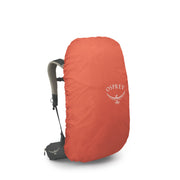 An orange Osprey backpack rain cover with a white Osprey logo printed on the front, shown on a clean white background.