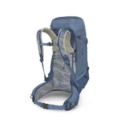 A blue hiking backpack shown from the rear three-quarter view, featuring a breathable mesh backrest, padded shoulder straps, and adjustable buckles, set against a plain white background.