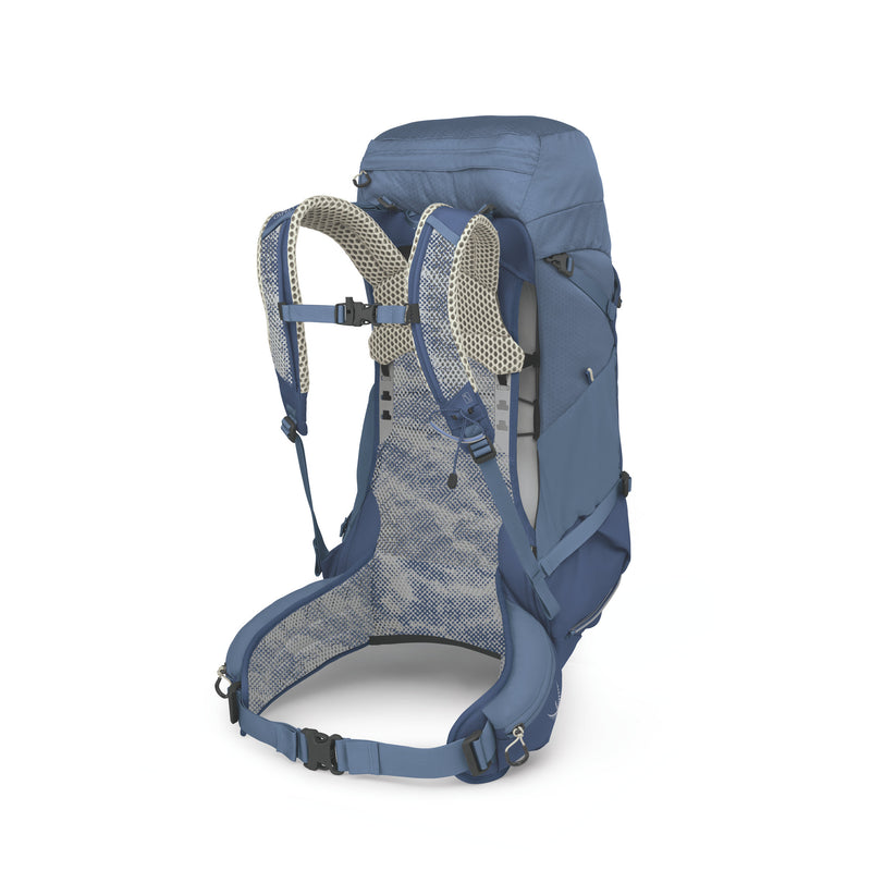 A blue hiking backpack shown from the rear three-quarter view, featuring a breathable mesh backrest, padded shoulder straps, and adjustable buckles, set against a plain white background.