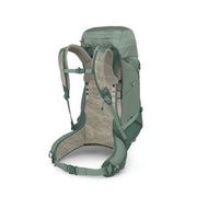 A green technical hiking backpack shown from the back, featuring a breathable mesh back panel, padded shoulder straps, and adjustable buckles, set against a plain white background.