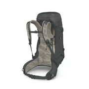 A black hiking backpack shown from the rear three-quarter view, featuring a black outer shell, gray mesh back panel, and padded shoulder straps with a subtle pattern.