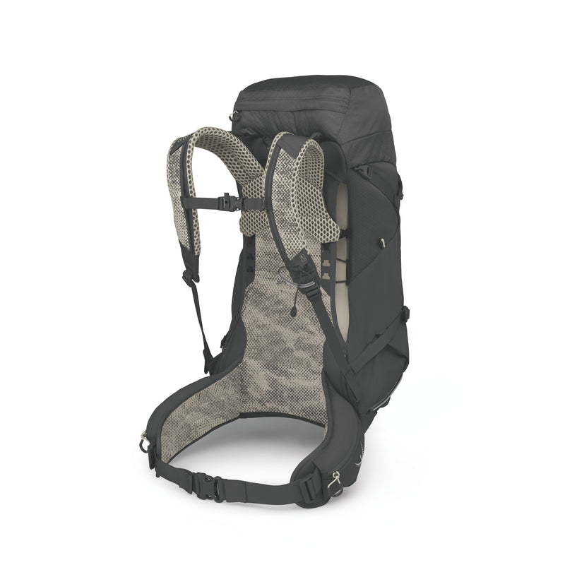 A black hiking backpack shown from the rear three-quarter view, featuring a black outer shell, gray mesh back panel, and padded shoulder straps with a subtle pattern.