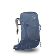 An Osprey Stratos 36 hiking backpack in a slate blue color, shown from a three-quarter angle on a white background with a soft shadow.