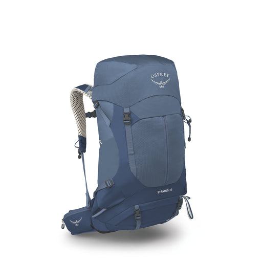 An Osprey Stratos 36 hiking backpack in a slate blue color, shown from a three-quarter angle on a white background with a soft shadow.