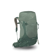 An Osprey Stratos 36 hiking backpack in a muted sage green color, shown from a three-quarters angle on a white background with a soft shadow.