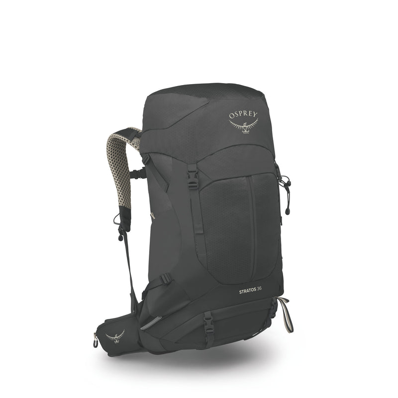 An Osprey Stratos 36 hiking backpack in dark gray, shown from a three-quarters angle on a white background with a soft shadow underneath.