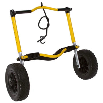 A black and yellow kayak cart on a white background