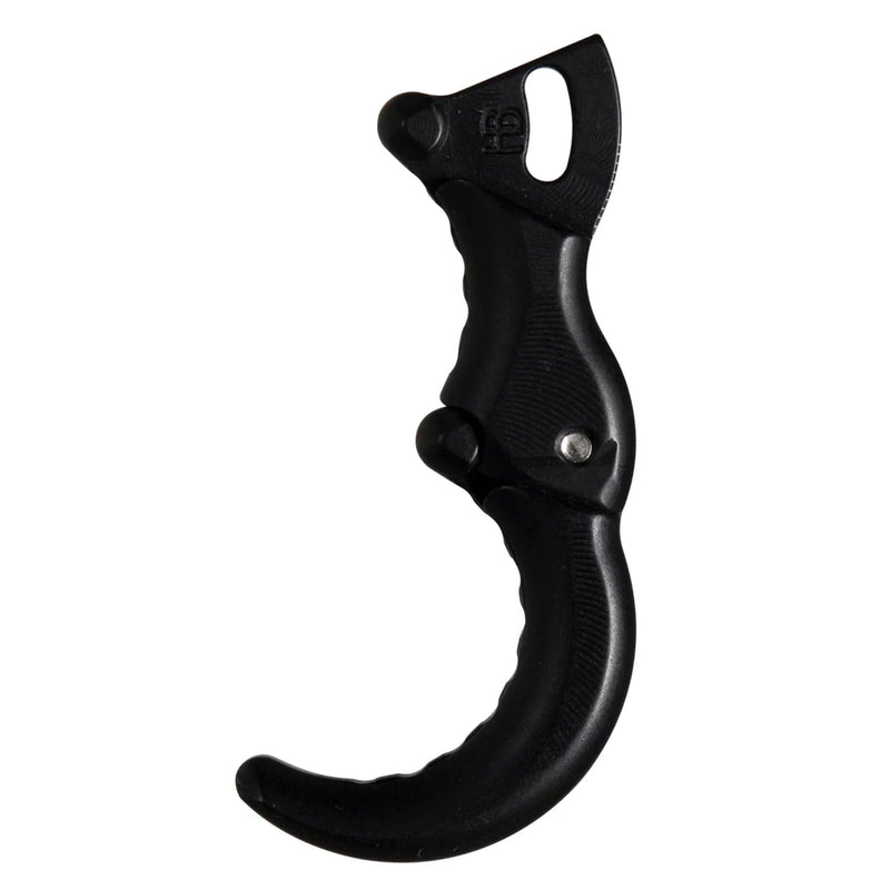 Black archery bow release aid on a white background
