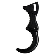 A black curved archery release finger piece with a textured grip and a small cutout near the top, shown on a plain white background.