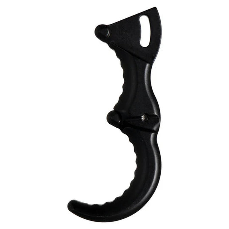A black curved archery release finger piece with a textured grip and a small cutout near the top, shown on a plain white background.