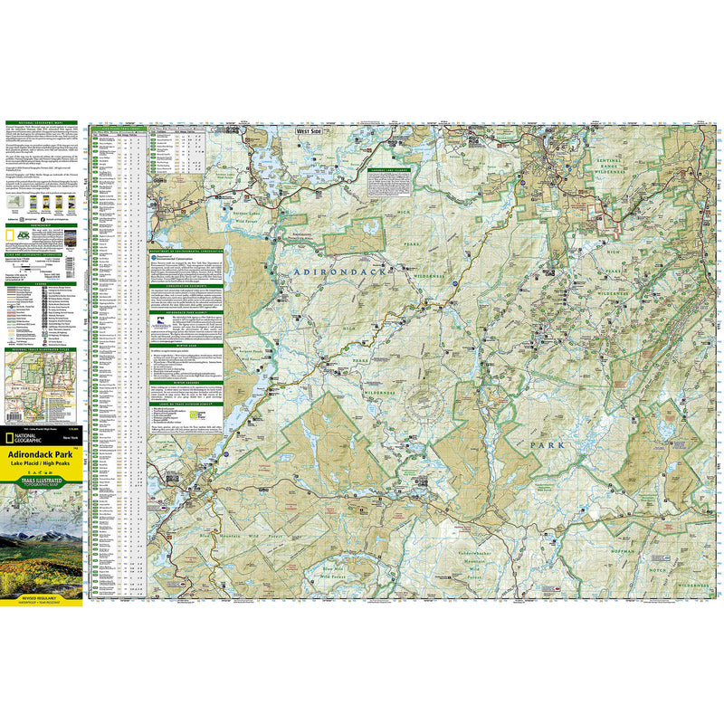 A detailed topographic map poster of Adirondack Park's Lake Placid High Peaks area, featuring a comprehensive grid, elevation data, trail information, and a National Geographic logo on the left margin.