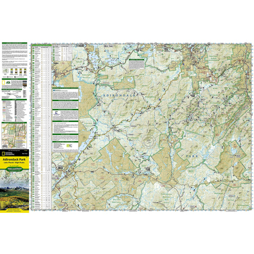 A detailed topographic map poster of Adirondack Park's Lake Placid High Peaks area, featuring a comprehensive grid, elevation data, trail information, and a National Geographic logo on the left margin.