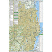 A detailed physical map of the Lake Placid High Peaks region of the Adirondack Park, featuring topographical terrain in beige and green, blue waterways, and extensive white informational panels with text along the left and right edges.