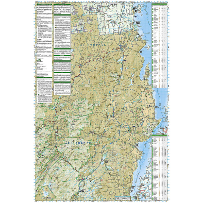 A detailed physical map of the Lake Placid High Peaks region of the Adirondack Park, featuring topographical terrain in beige and green, blue waterways, and extensive white informational panels with text along the left and right edges.