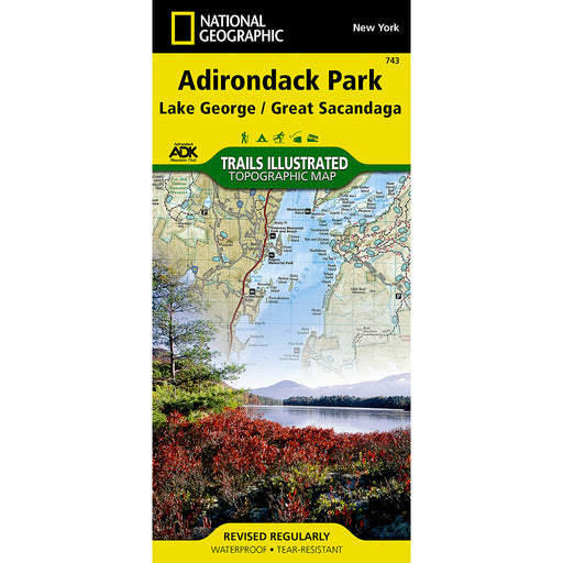 National Geographic Trails Illustrated Topographic Map of Adirondack Park, Lake George / Great Sacandaga, shown as a vertical map cover with yellow, green, and scenic lake-and-forest artwork.