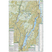 A detailed topographic map of the Lake George region of the Adirondack Park, showing terrain elevations, roads, waterways, and a vertical column of place names along the right side, with a legend panel along the left.