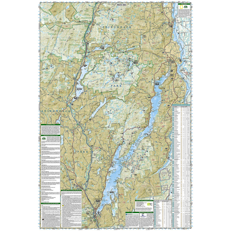 A detailed topographic map of the Lake George region of the Adirondack Park, showing terrain elevations, roads, waterways, and a vertical column of place names along the right side, with a legend panel along the left.