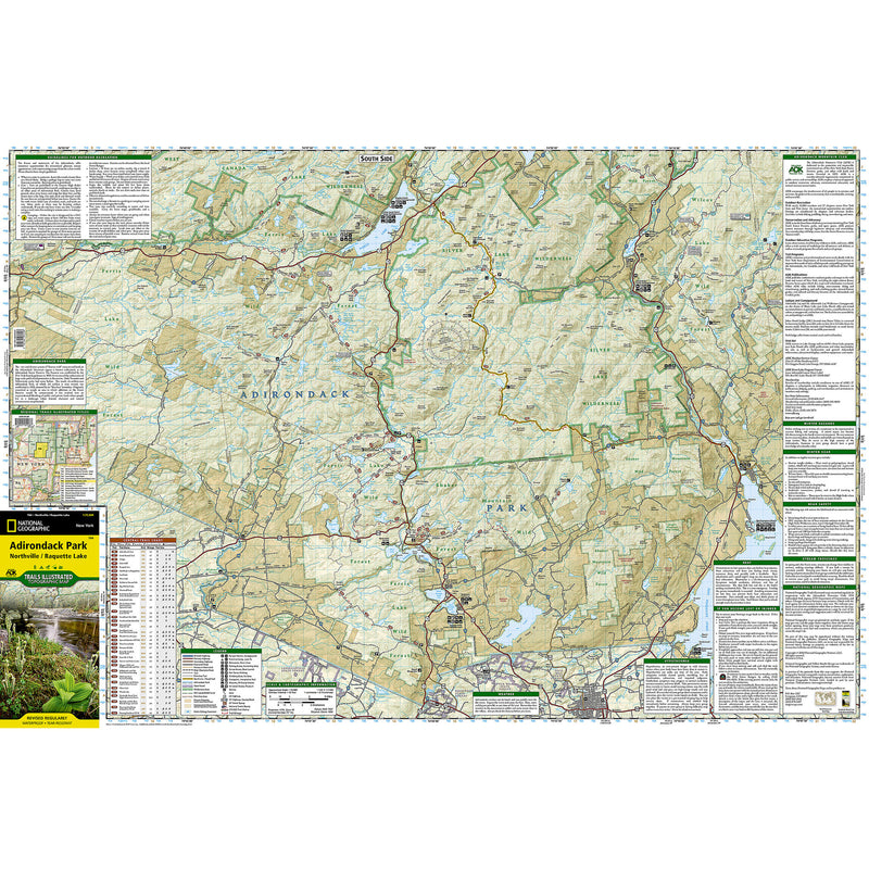 A detailed topographic map poster of Adirondack Park covering the Northville and Raquette Lake areas, featuring contour lines, trails, waterways, and informational text panels on the borders.