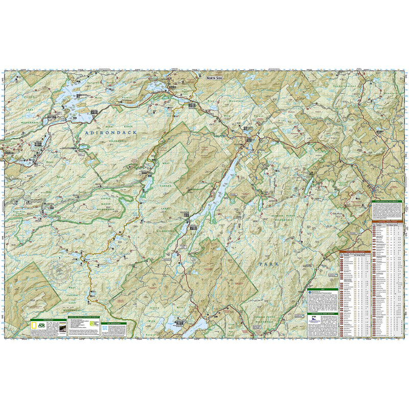 A detailed topographic map poster of Adirondack Park, New York, featuring contour lines, lakes, roads, and informational panels in the lower corners on a white background.