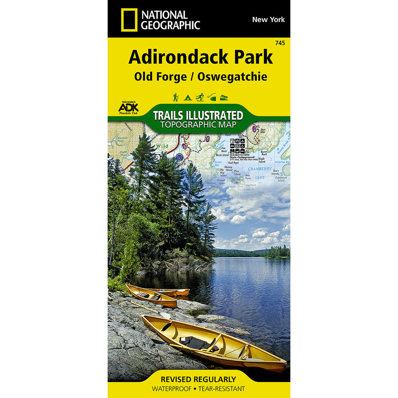 National Geographic Trails Illustrated topographic map cover for Adirondack Park, Old Forge / Oswegatchie, showing a lakeside scene with canoes, trees, and a map background.