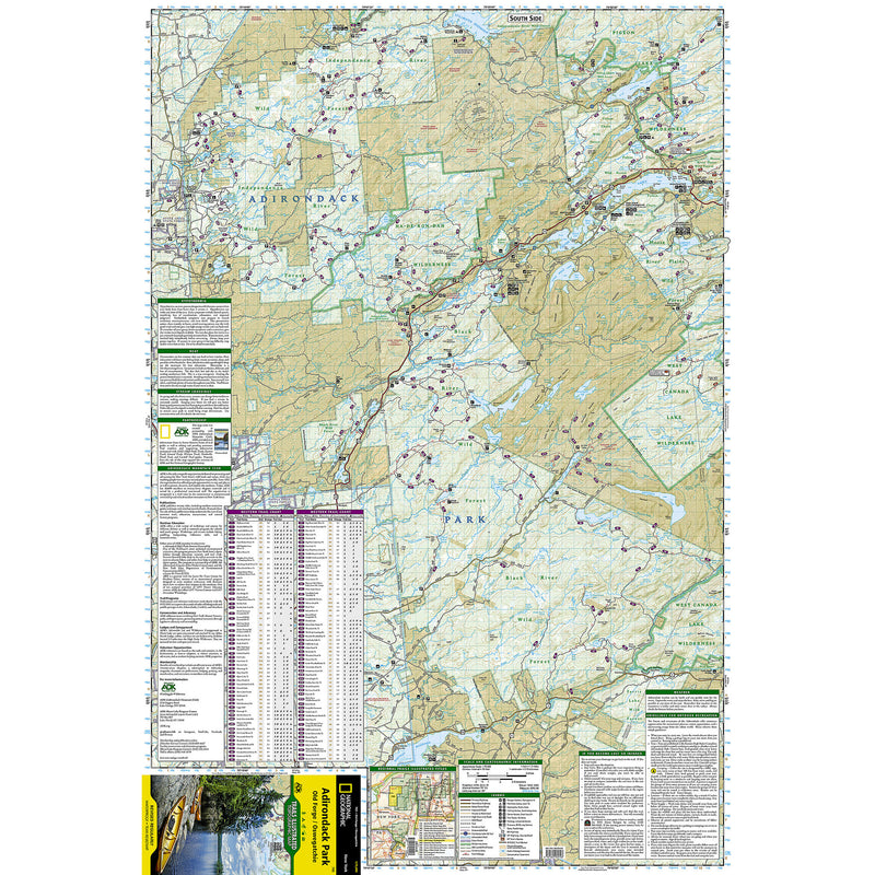 A detailed topographical map of the Old Forge/Oswegatchie region of the Adirondack Park, featuring roads, waterways, land boundaries, and various informational panels, with a National Geographic cover visible at the bottom.
