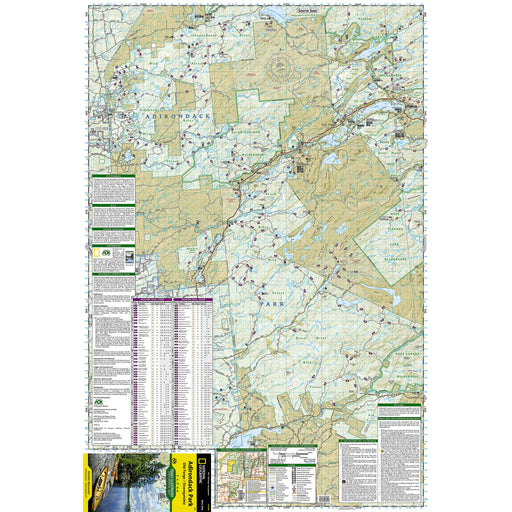 A detailed topographical map of the Old Forge/Oswegatchie region of the Adirondack Park, featuring roads, waterways, land boundaries, and various informational panels, with a National Geographic cover visible at the bottom.