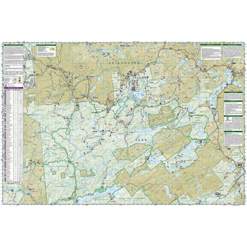 A detailed topographical map of the Old Forge/Oswegatchie areas of the Adirondack Park, featuring shaded relief terrain, waterways, trails, and informational panels on the left and right sides.