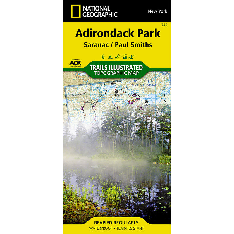 National Geographic Trails Illustrated topographic map cover for Adirondack Park, Saranac / Paul Smiths, featuring a yellow header with the National Geographic logo and a forest pond photo on the front.