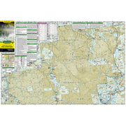 A large topographic map poster showing a mountainous region with roads, lakes, and labeled parks, with a small product inset and legend panels along the left side on a white background.