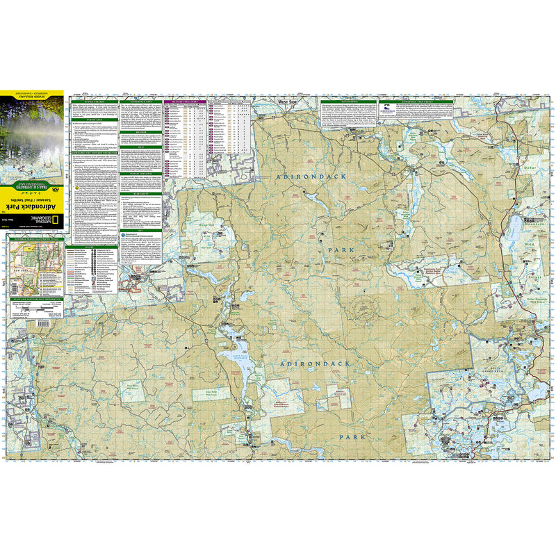 A large topographic map poster showing a mountainous region with roads, lakes, and labeled parks, with a small product inset and legend panels along the left side on a white background.