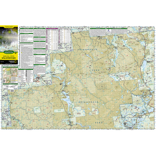 A large topographic map poster showing a mountainous region with roads, lakes, and labeled parks, with a small product inset and legend panels along the left side on a white background.
