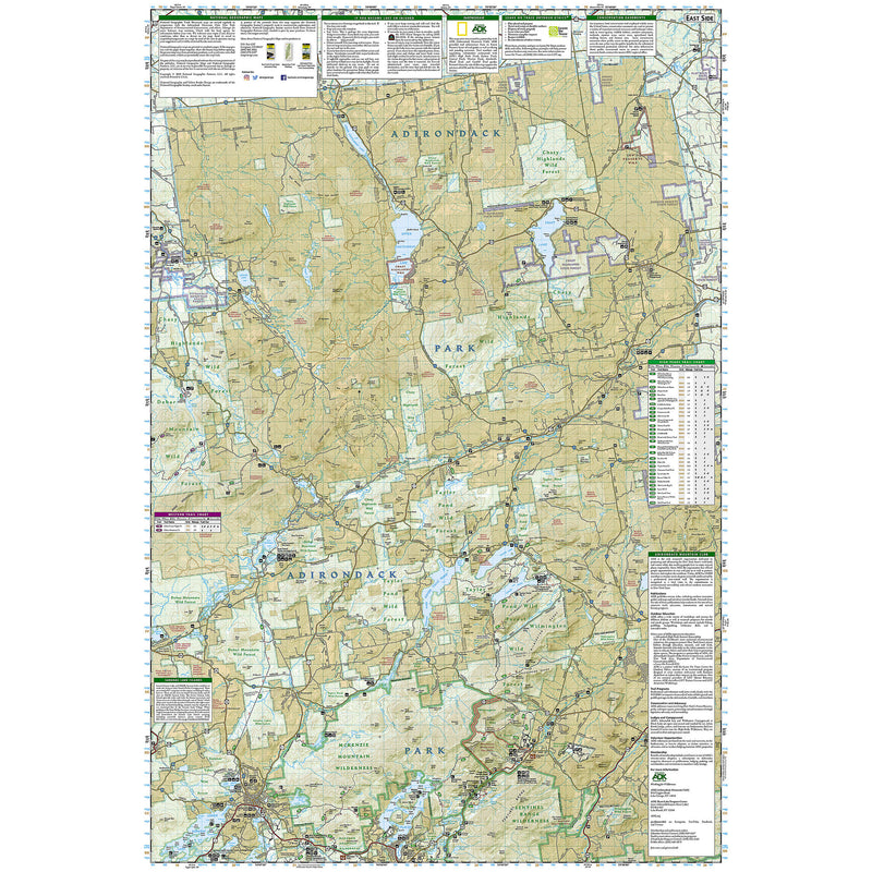 A detailed topographical map of Adirondack Park, featuring shaded relief terrain, waterways, roads, and informational panels.
