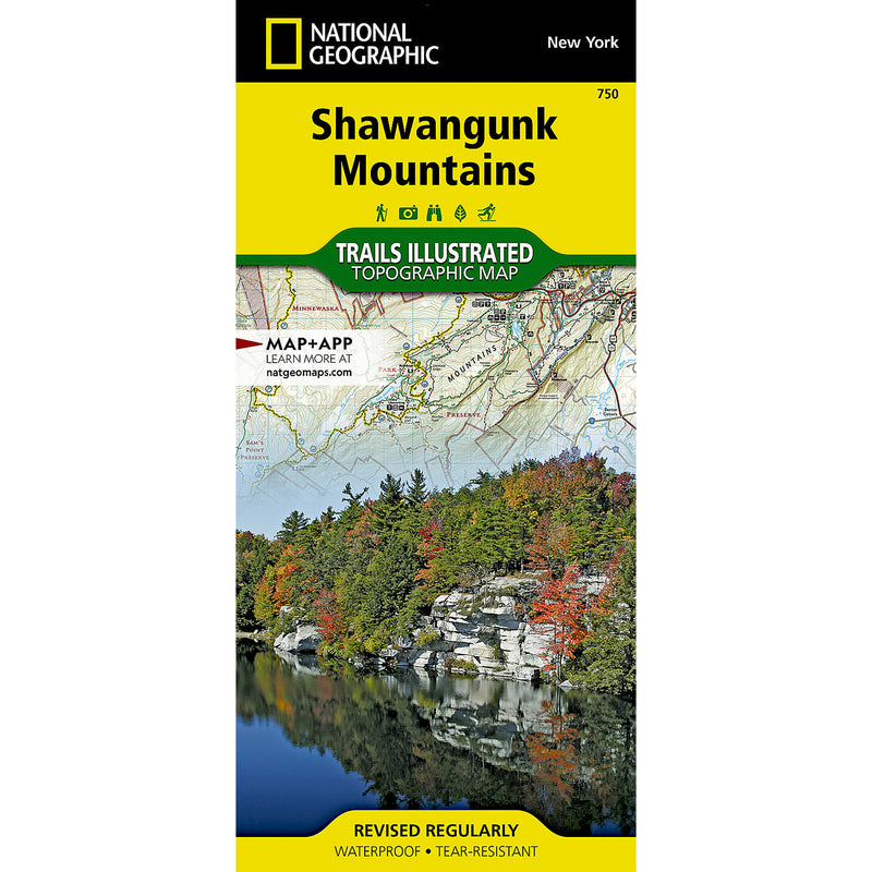 National Geographic Shawangunk Mountains Trails Illustrated Topographic Map cover, featuring a yellow header, a map section, and a scenic mountain lake photo with autumn foliage.