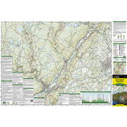 A detailed topographic map of the Shawangunk mountains, featuring a comprehensive terrain layout with roads, waterways, elevation profiles, and informational panels on both the left and right sides.