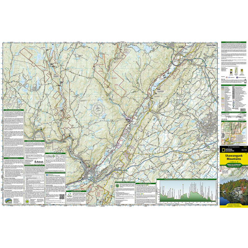 A detailed topographic map of the Shawangunk mountains, featuring a comprehensive terrain layout with roads, waterways, elevation profiles, and informational panels on both the left and right sides.
