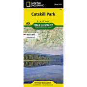 National Geographic Trails Illustrated Topographic Map of Catskill Park, New York, featuring a bright yellow header with the National Geographic branding and the map title, plus a scenic lake reflection photo on the cover.