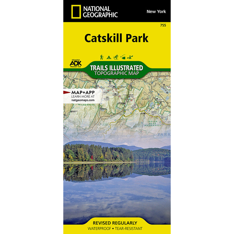National Geographic Trails Illustrated Topographic Map of Catskill Park, New York, featuring a bright yellow header with the National Geographic branding and the map title, plus a scenic lake reflection photo on the cover.