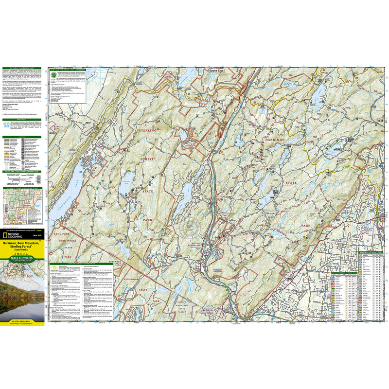 A detailed topographic map poster of the Harriman/Bear Mountain/Sterling Forest State Parks, featuring terrain contours, roads, trails, and informational panels on a white background.