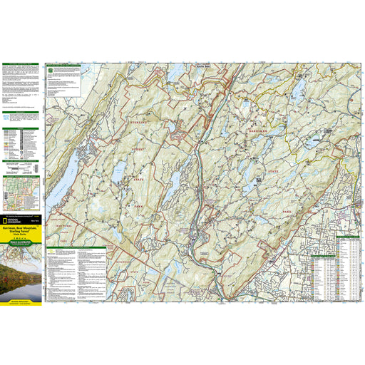 A detailed topographic map poster of the Harriman/Bear Mountain/Sterling Forest State Parks, featuring terrain contours, roads, trails, and informational panels on a white background.