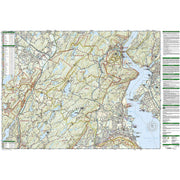 A detailed topographic map of the Harriman/Bear Mountain/Sterling Forest State Park region, featuring roads, waterways, topographic contour lines, and comprehensive legend panels on the left and right sides.