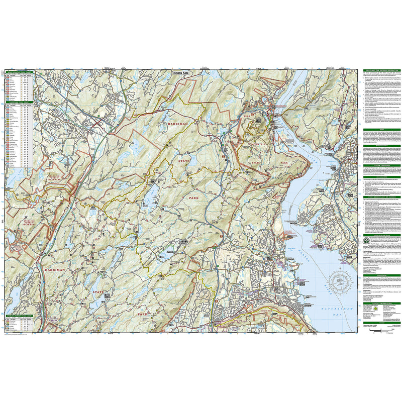 A detailed topographic map of the Harriman/Bear Mountain/Sterling Forest State Park region, featuring roads, waterways, topographic contour lines, and comprehensive legend panels on the left and right sides.